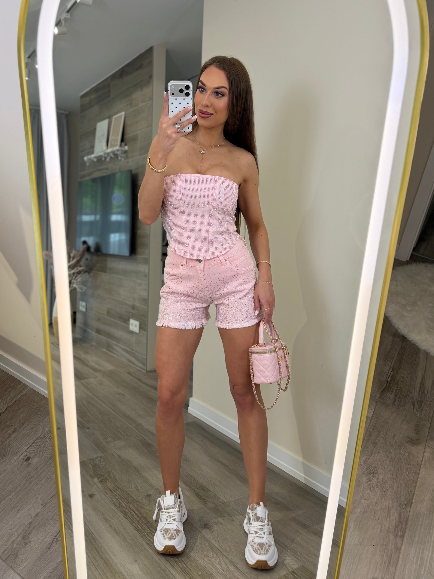 'Pink Aurora' denim shorts with rhinestones