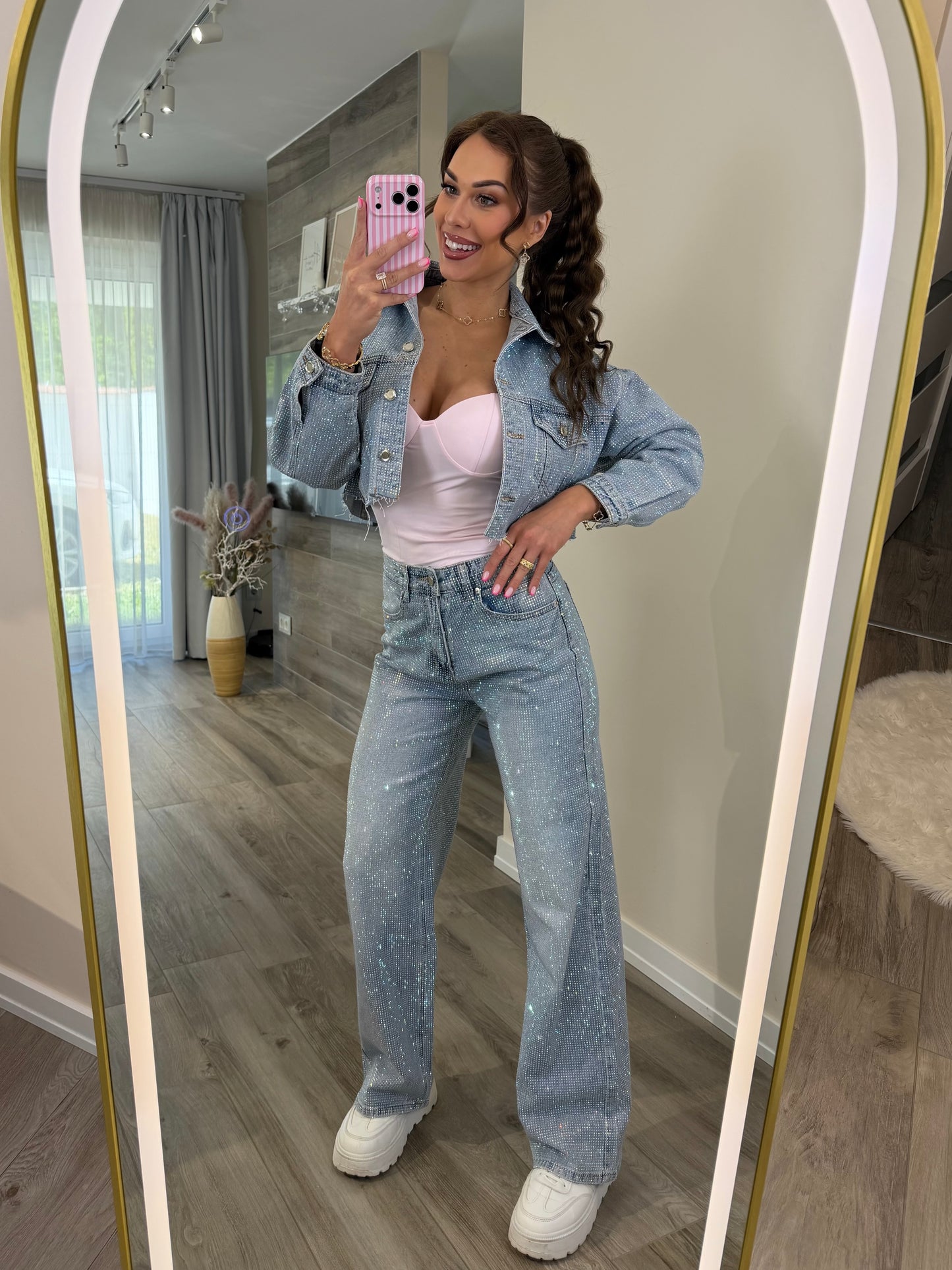 'Rainbow Diamonds' full rhinestone denim jacket PREMIUM