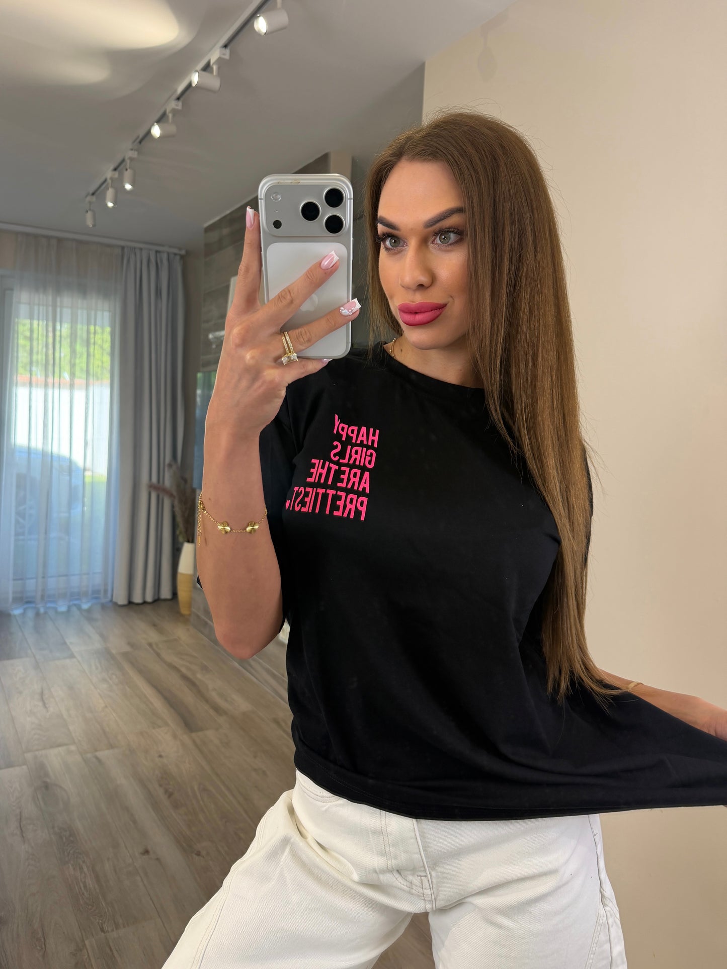 'Crystal Pocket' black and pink rhinestone t-shirt
