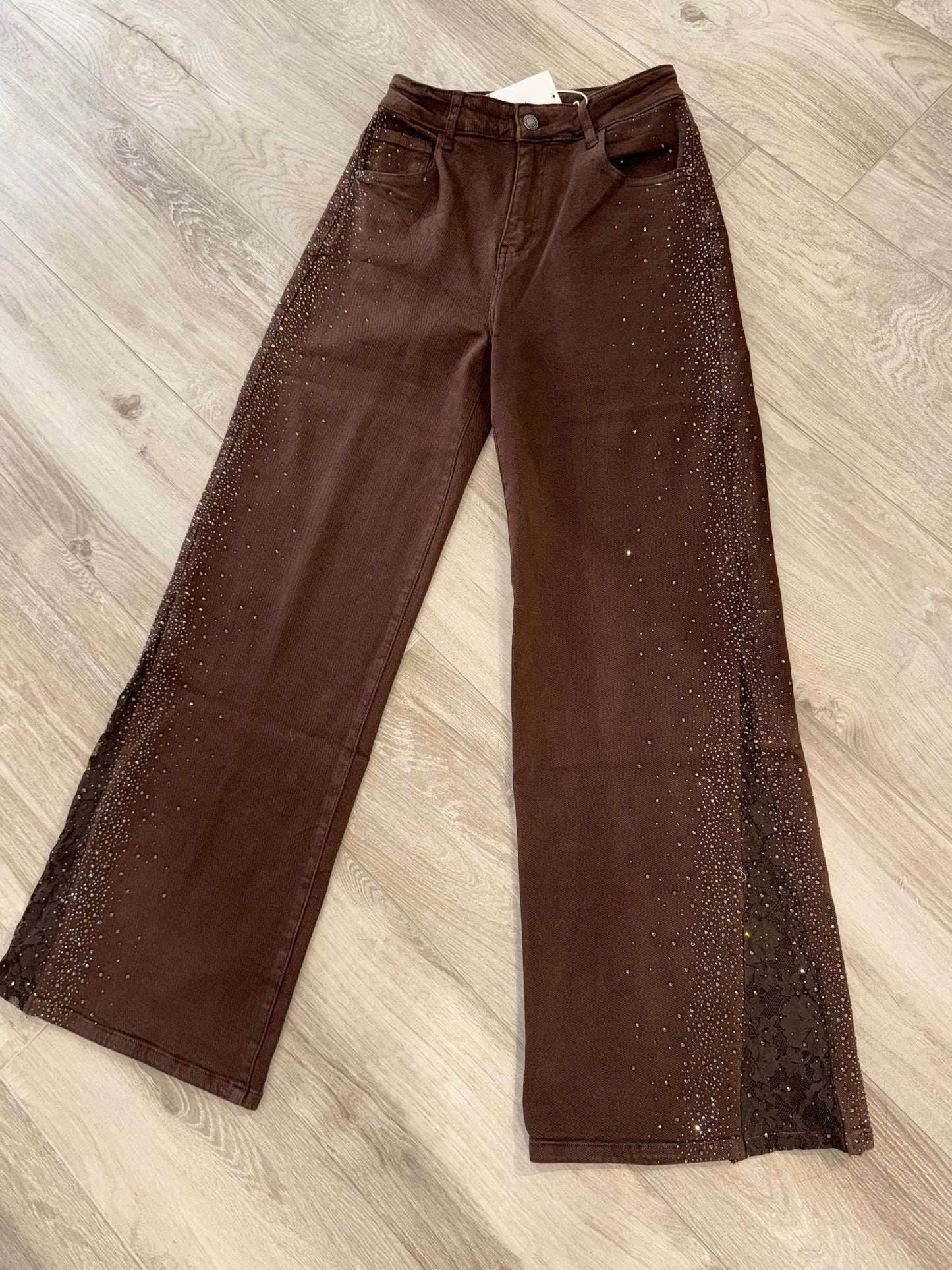 'Chocolate' denim jeans with rhinestones and lace embellishments (Wide leg)