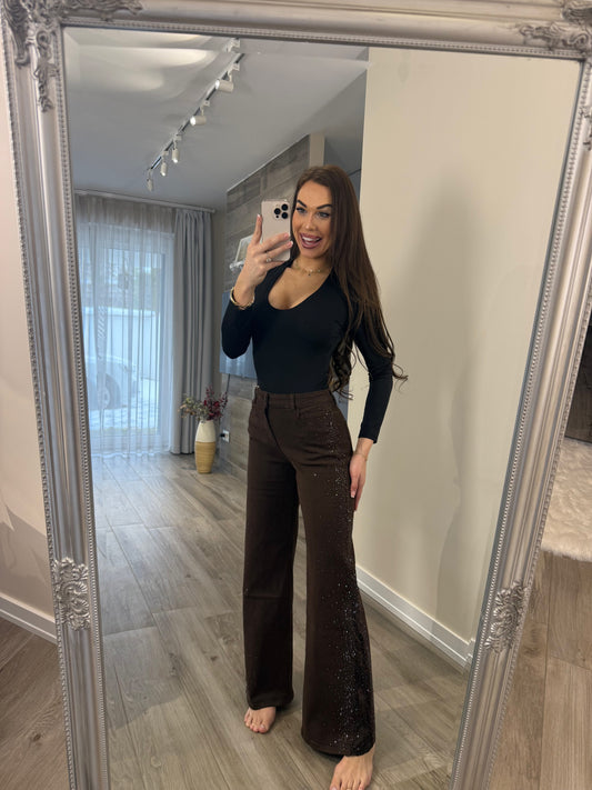 'Chocolate' denim jeans with rhinestones and lace embellishments (Wide leg)
