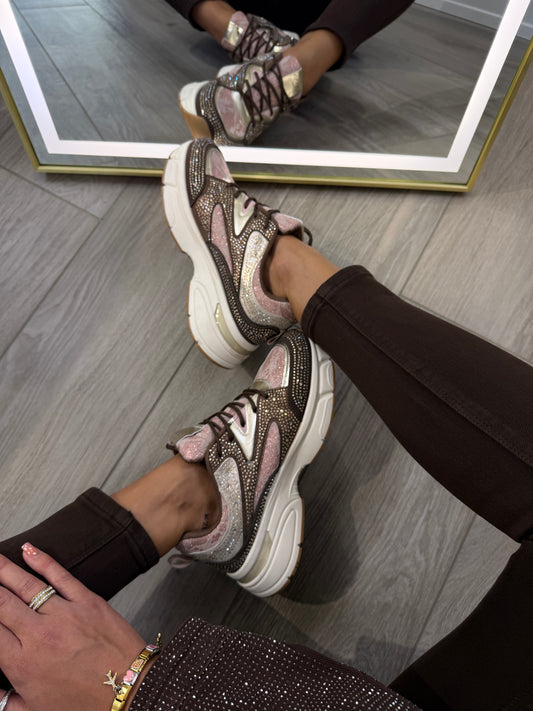 ‘Pink Espresso' rózsaszín-barna strasszos sneaker (kis méretezés)