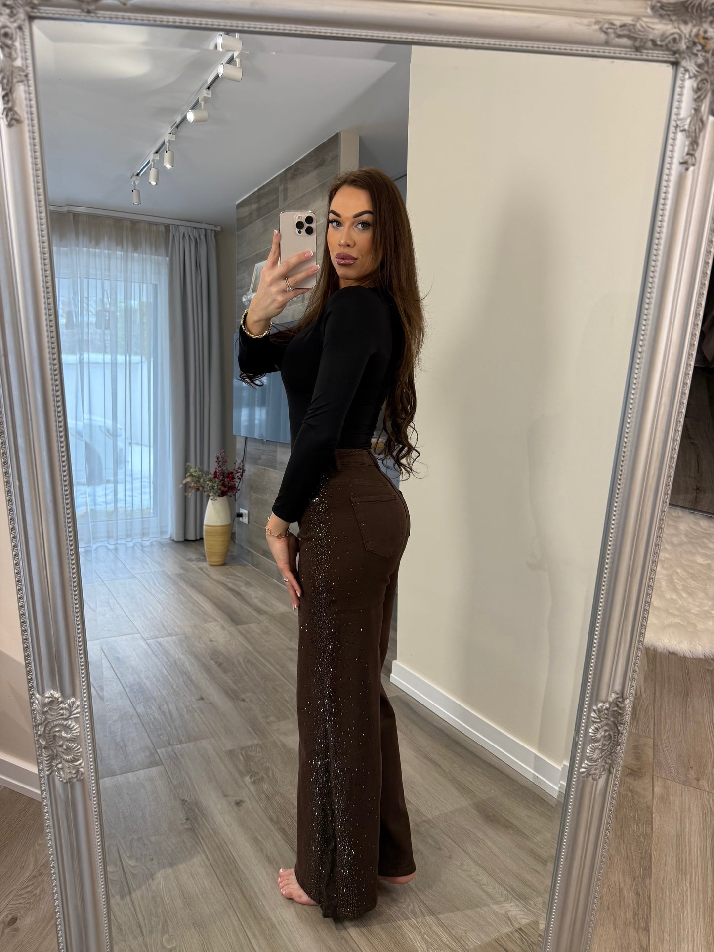 'Chocolate' denim jeans with rhinestones and lace embellishments (Wide leg)
