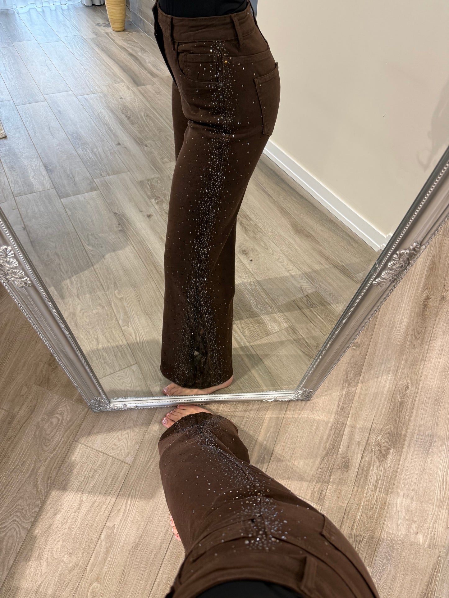 'Chocolate' denim jeans with rhinestones and lace embellishments (Wide leg)
