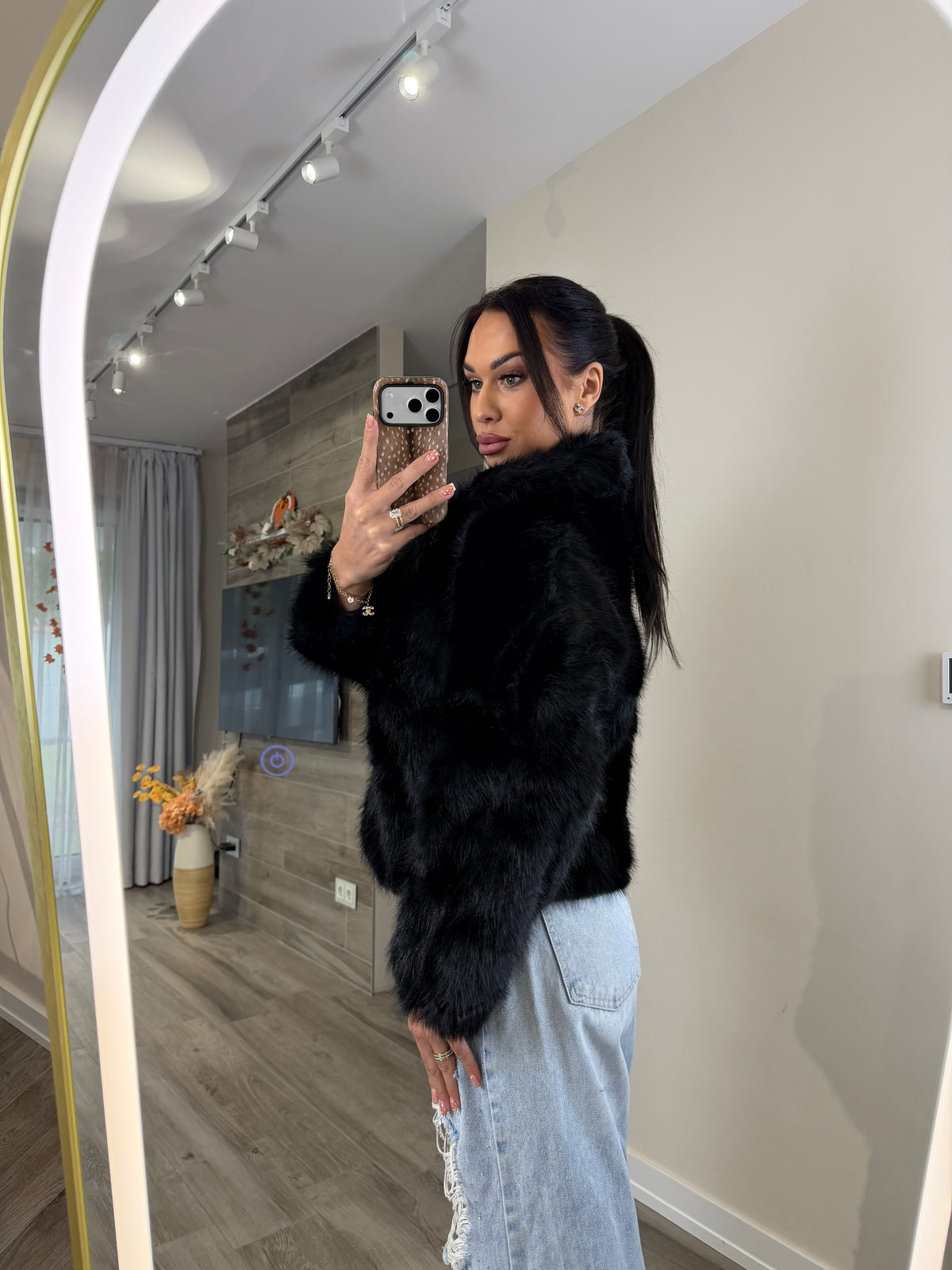 'Fur Ever' fekete műszőrme kabát + öv LIMITED