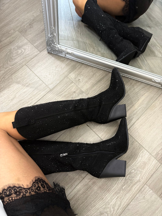 ‘Cowgirl' full strasszköves fekete csizma