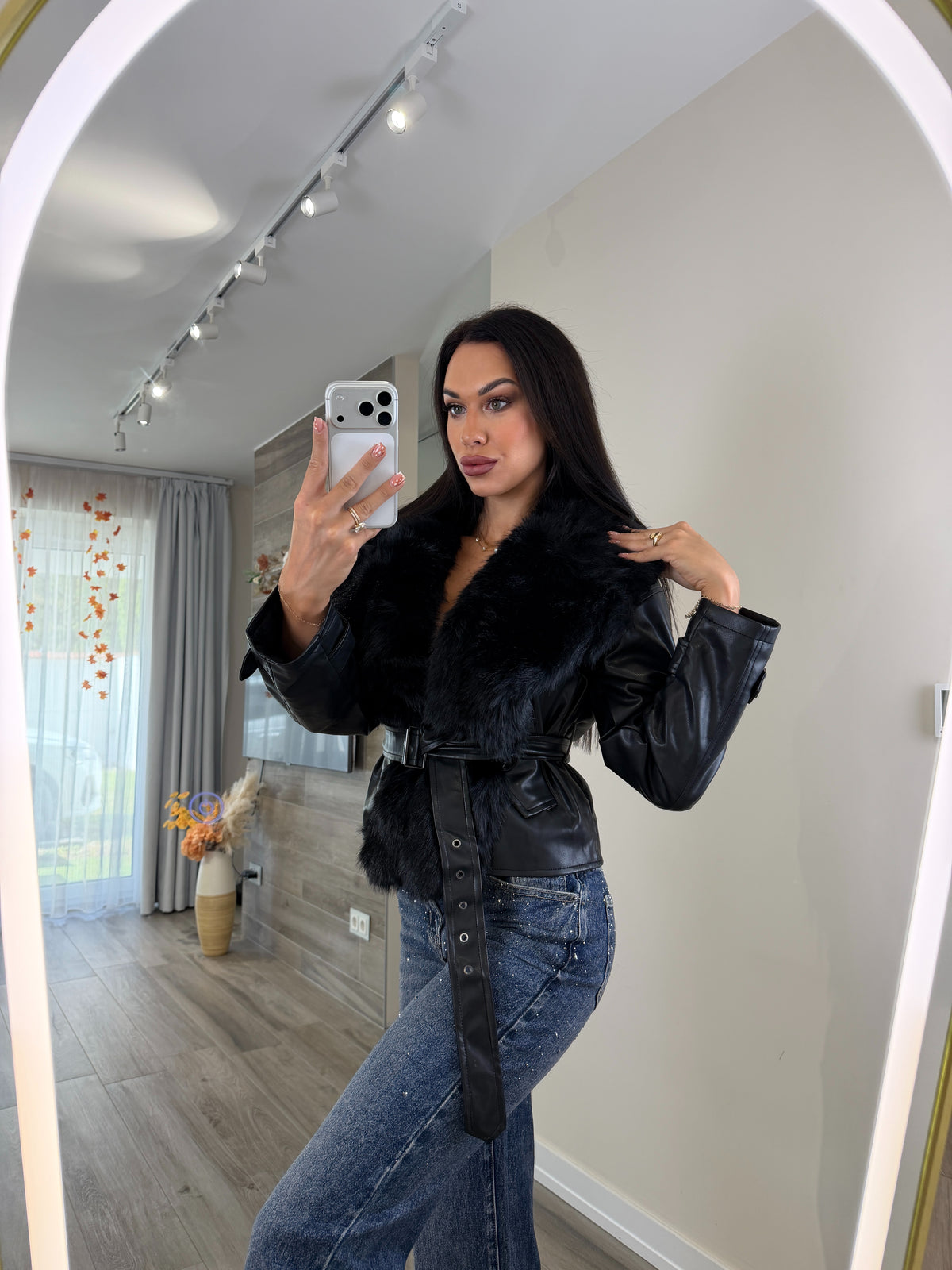 'Fur Ever' fekete szőrmés bélelt műbőr kabát LIMITED