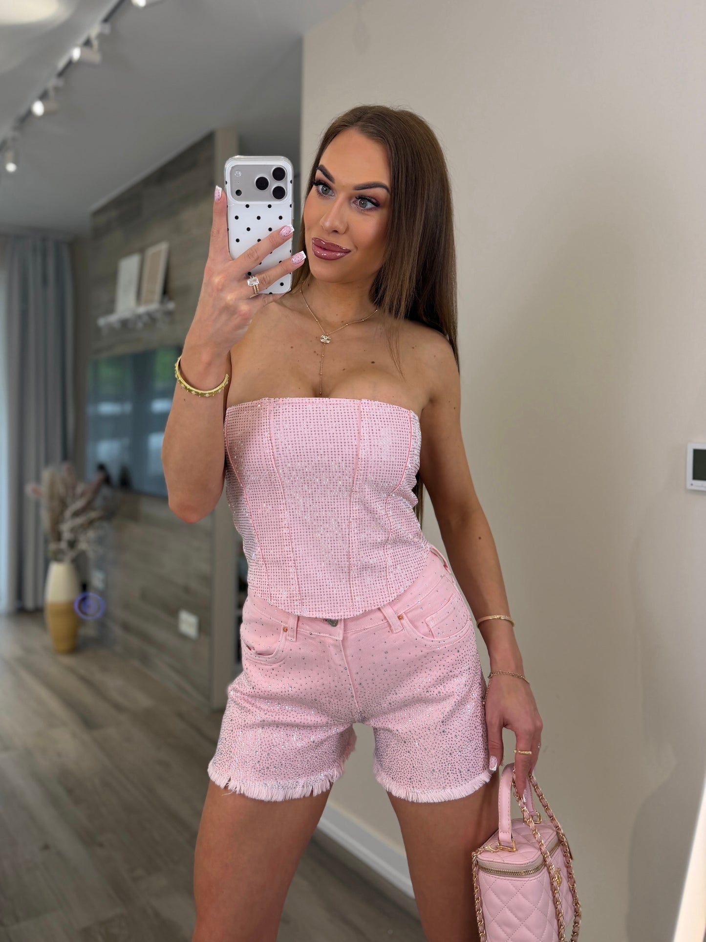 'Pink Aurora' denim shorts with rhinestones