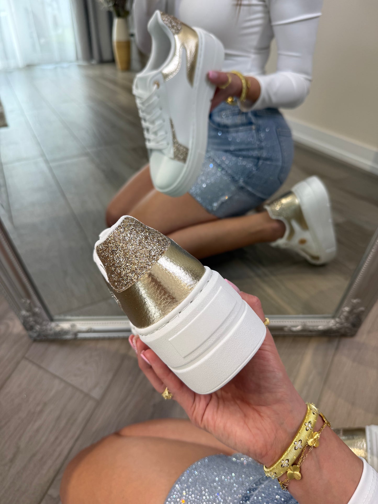 'Golden Glow' gold and white glitter sneakers