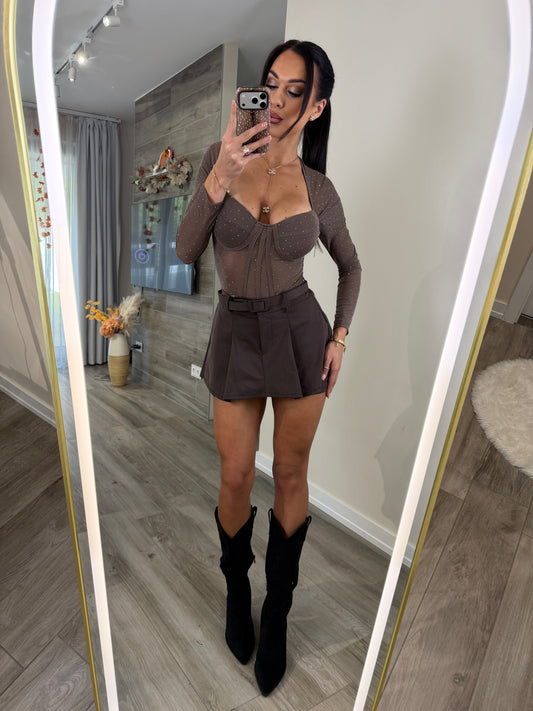 'Silhouette Sparkle’ strasszos barna body