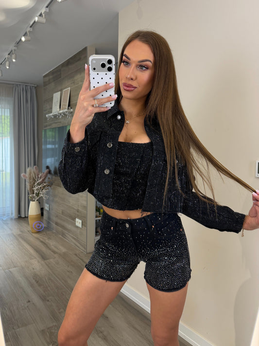 'Pink Aurora' denim shorts with rhinestones