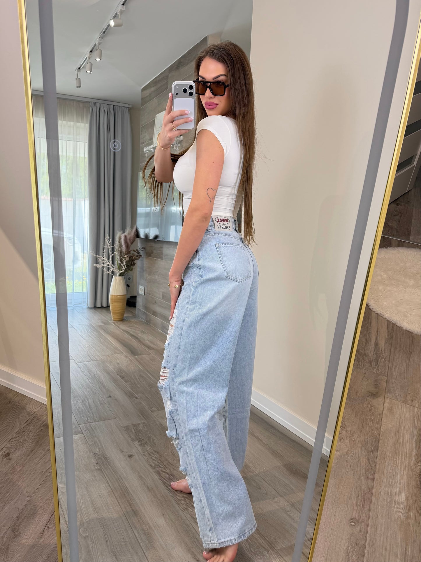 'Crystal Chaos' Distressed Wide-Leg Jeans with Rhinestones