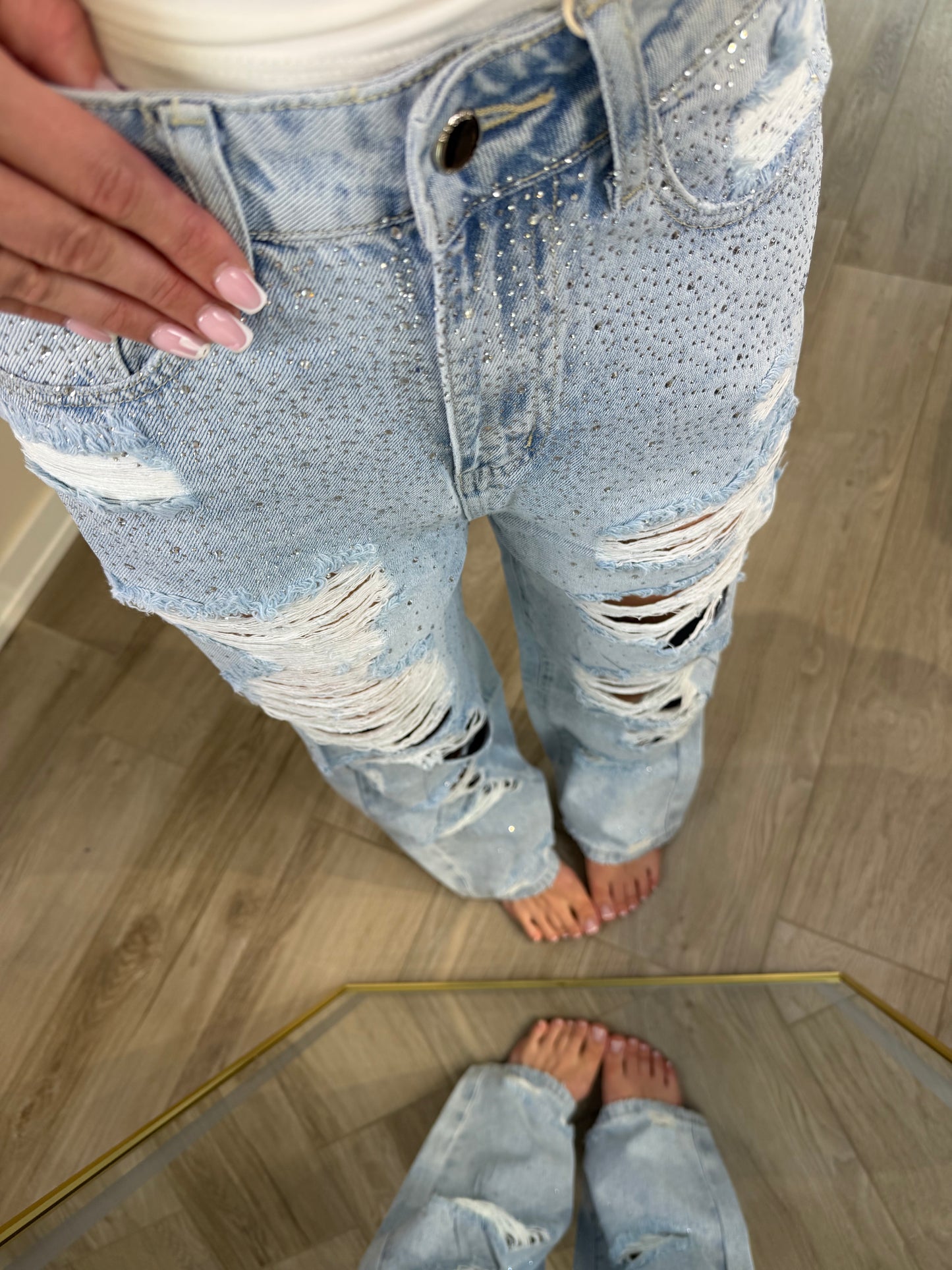 'Crystal Chaos' Distressed Wide-Leg Jeans with Rhinestones