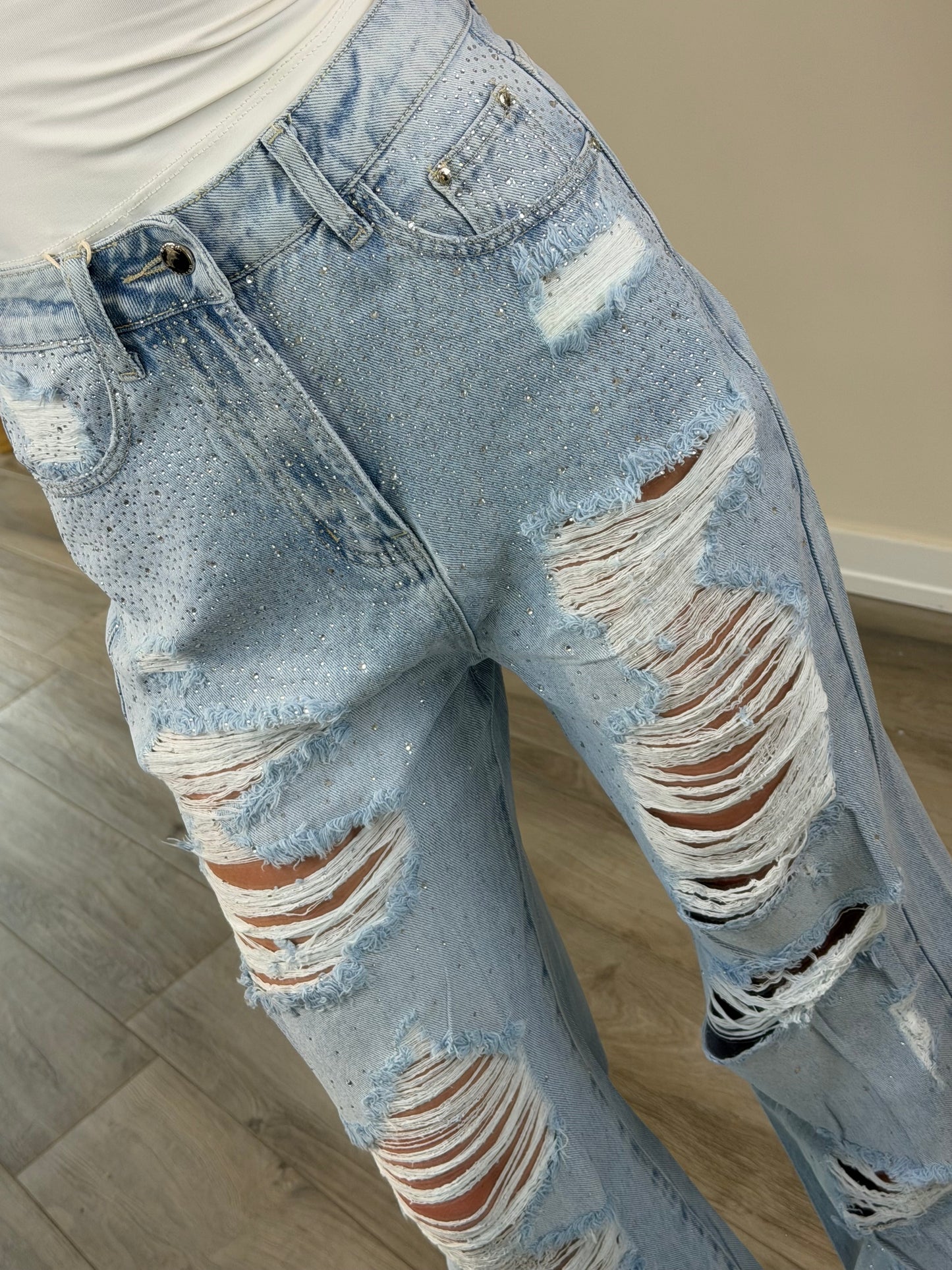 'Crystal Chaos' Distressed Wide-Leg Jeans with Rhinestones