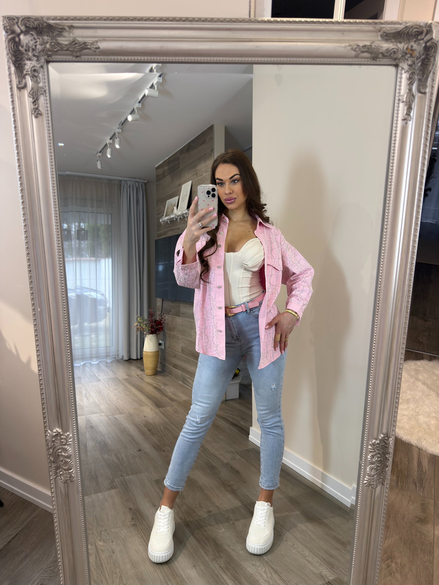 Rhinestoned denim shirt with "Crystal Babe PINK" inscription