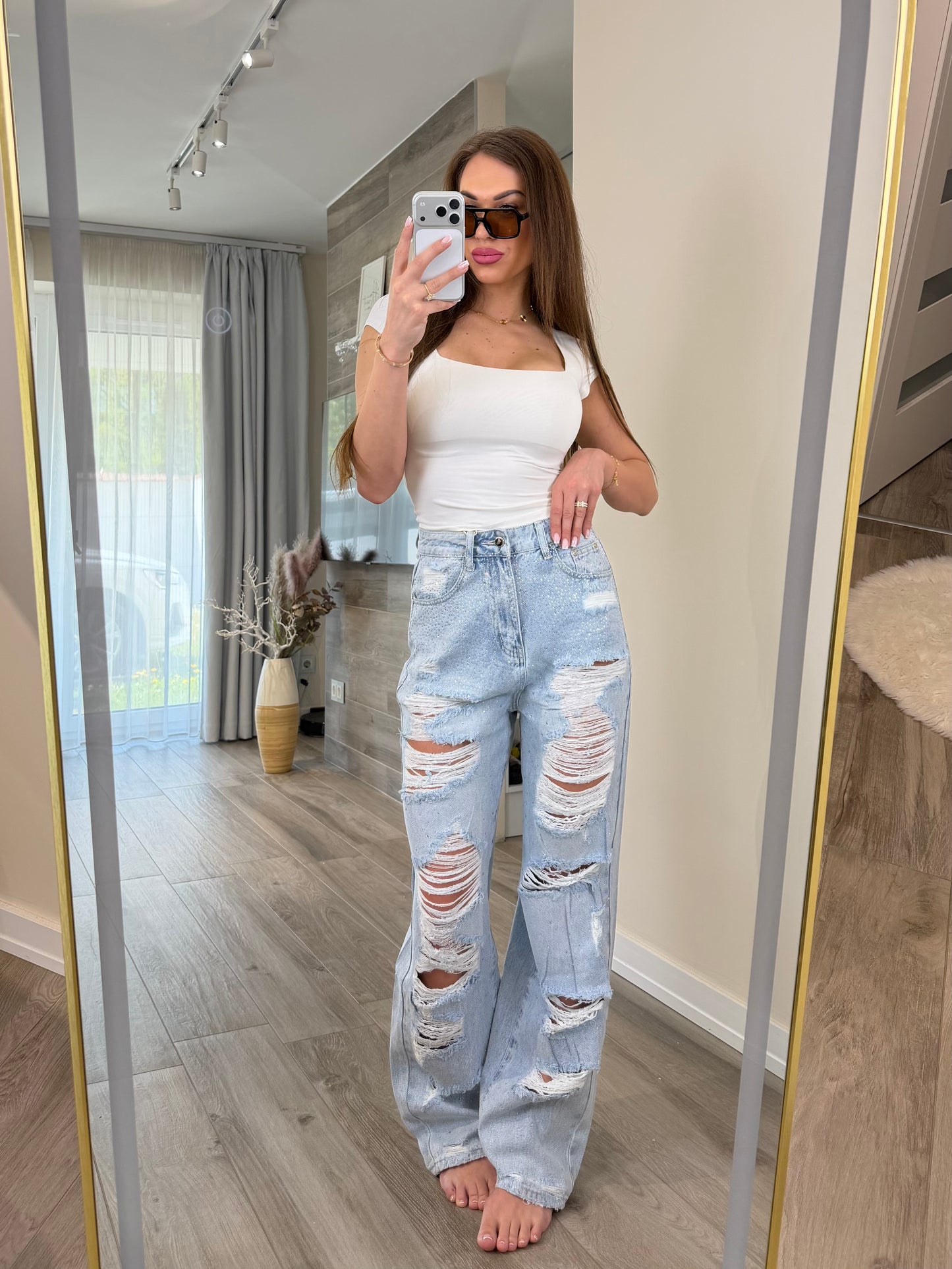 'Crystal Chaos' Distressed Wide-Leg Jeans with Rhinestones