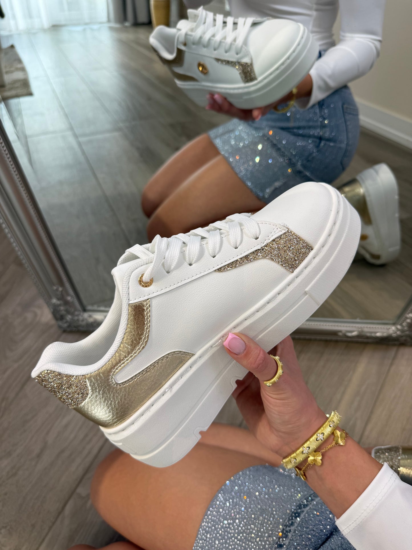 'Golden Glow' gold and white glitter sneakers