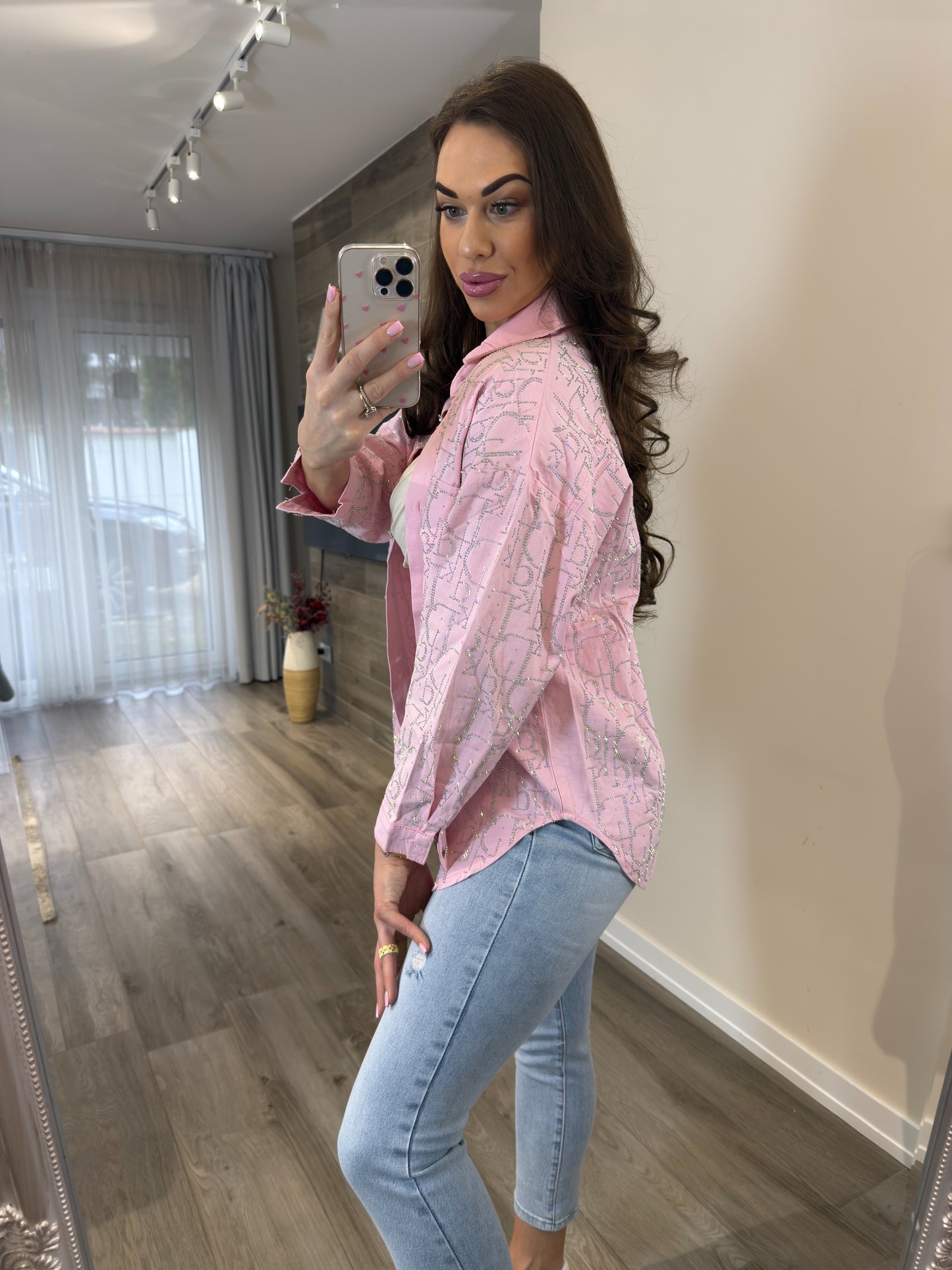 Rhinestoned denim shirt with "Crystal Babe PINK" inscription
